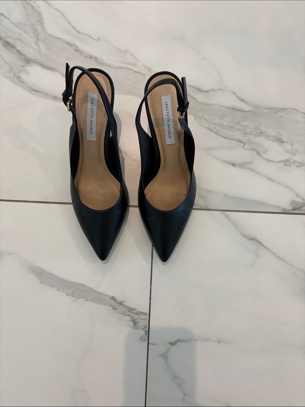 Saks Fifth Avenue Black Pointed Slingback Pumps with Ankle Strap